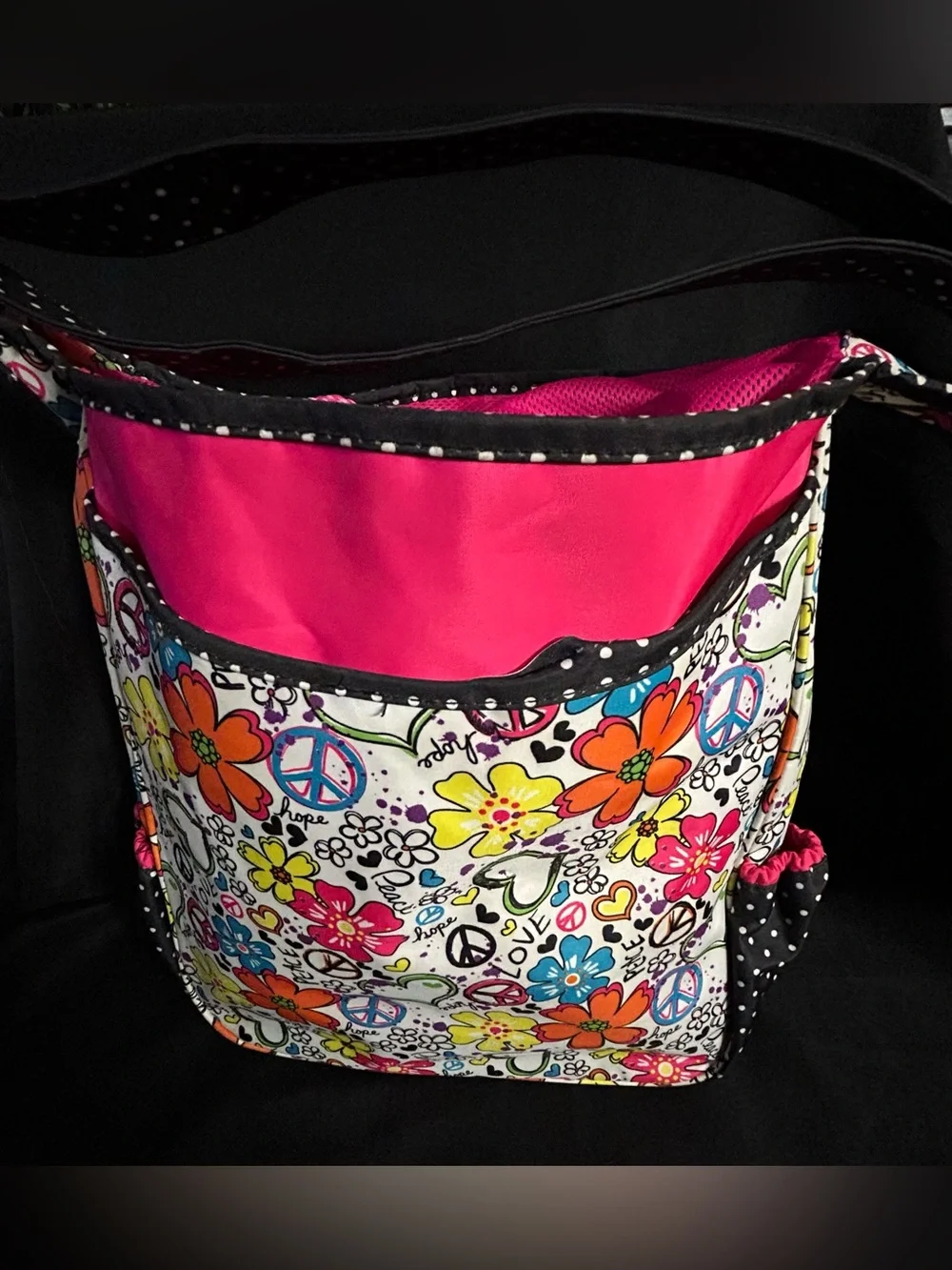 Justice Girls Bright Floral Peace Sign Travel Tote Laundry Bag Pink Interior